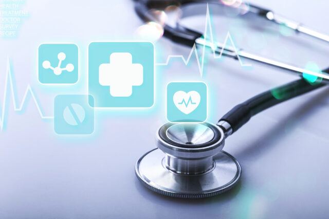 Abbildung von AI Symbolen und einem Stethoskop